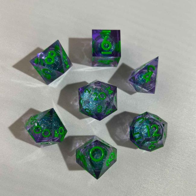 Liquid Core Blue Green Glitter Poly Dice Set