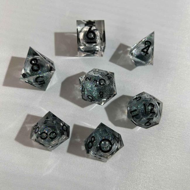 Liquid Core Silver Black Glitter Poly Dice Set