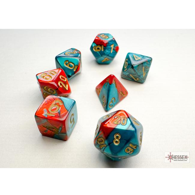 Gemini Mini-Polyhedral Red-Teal/gold 7-Die Set
