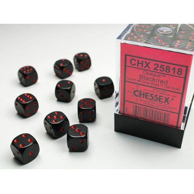 Opaque Black/red 12mm d6 Dice Block (36 dice)